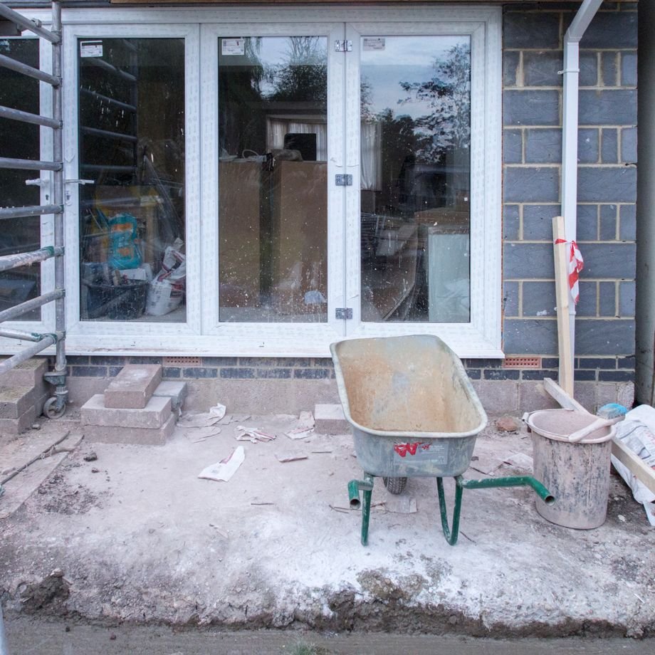 Illustrative licensed photograph: Renovation with scaffolding