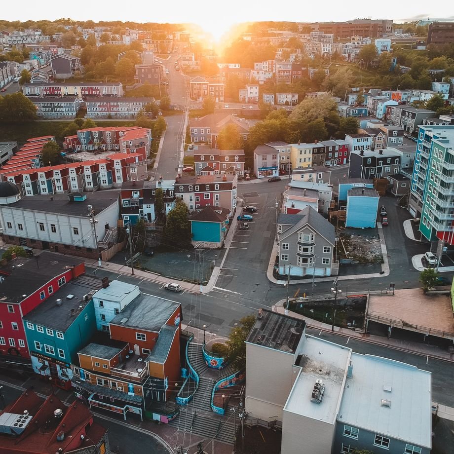 Illustrative licensed photograph: Neighborhood street aerial