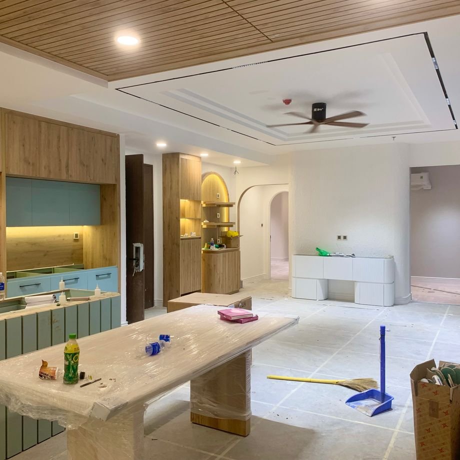 Illustrative licensed photograph: Kitchen and dining area during renovation