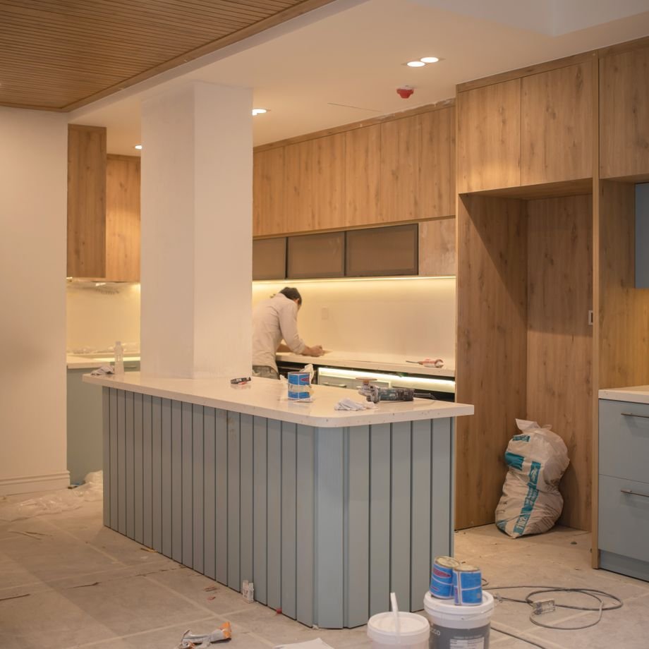 Illustrative licensed photograph: Contemporary kitchen undergoing renovation