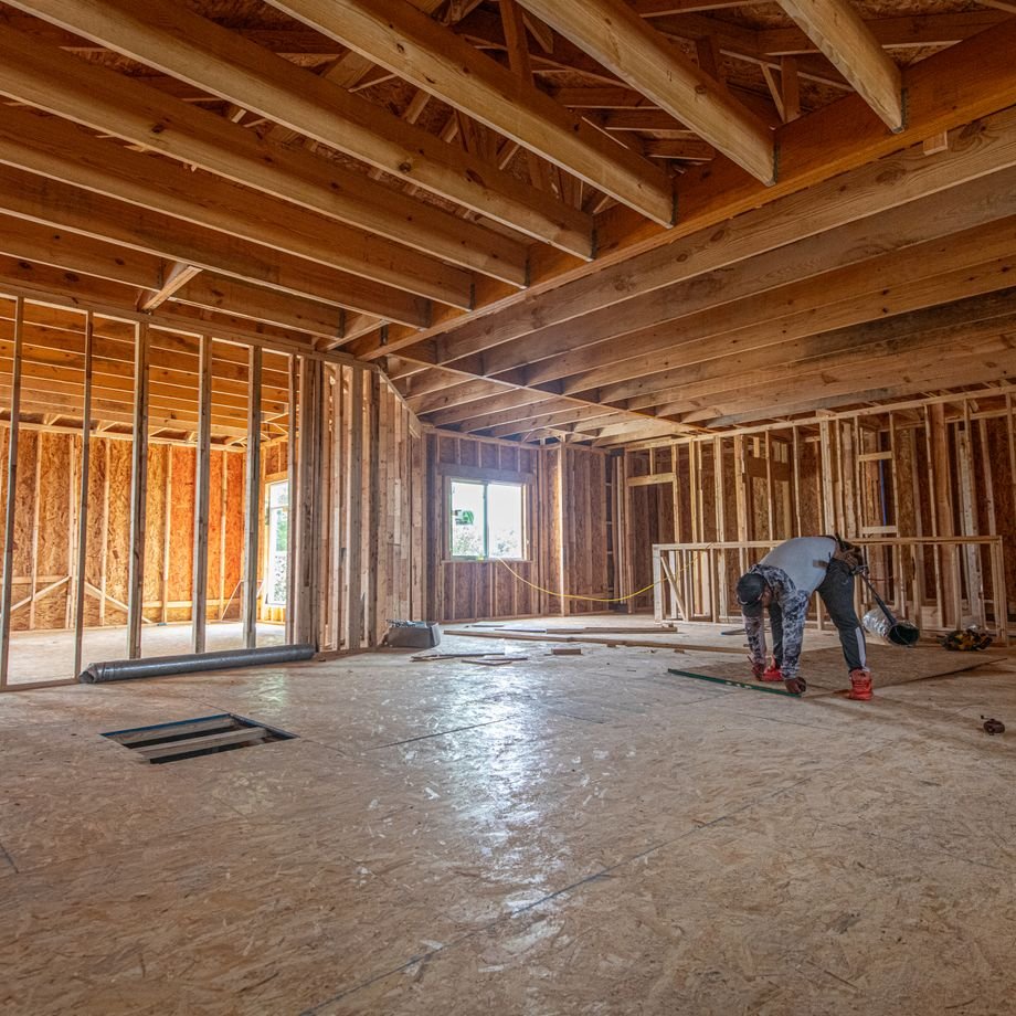 Illustrative licensed photograph: Interior timber structure of a Texas house build